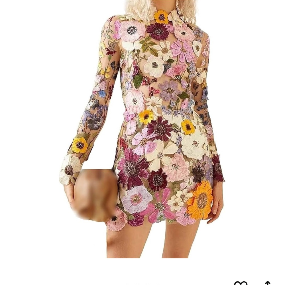 NEW 3D Floral Appliqué Embroidered Long Sleeve Dress